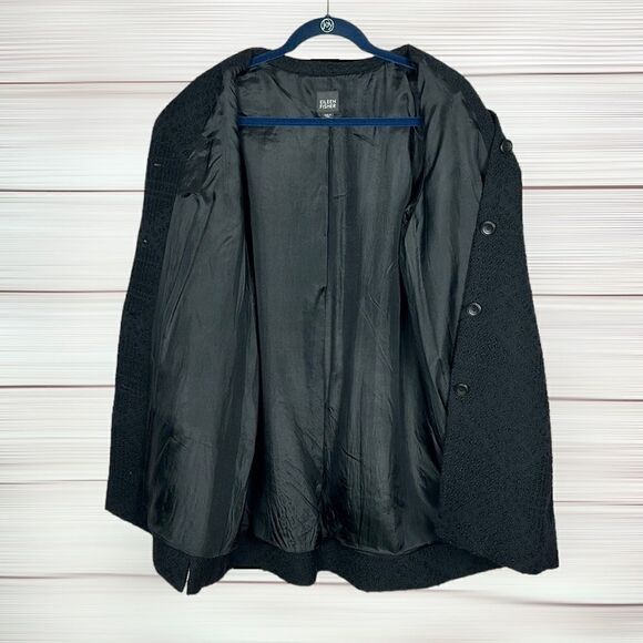 Eileen Fisher Textured Black Wool Swing Coat Silk Lined 3/4 Sleeve Band Collar S - Picture 10 of 13
